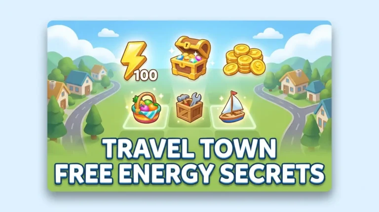 Travel Town free energy secrets guide showing energy chest, merge items, and bonus rewards