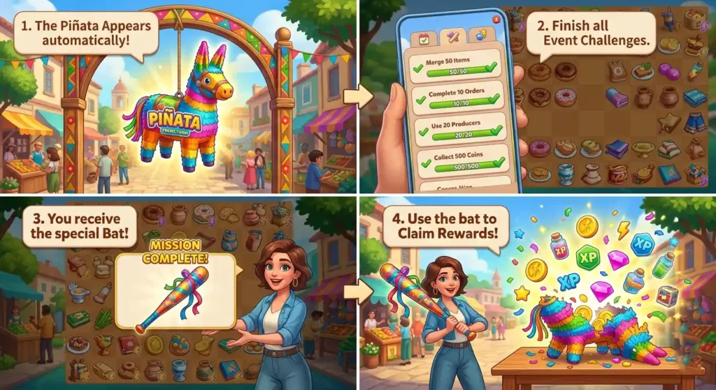 A step-by-step visual guide on how to participate in and win the Piñata Event in Travel Town game, showing challenge completion and reward collection