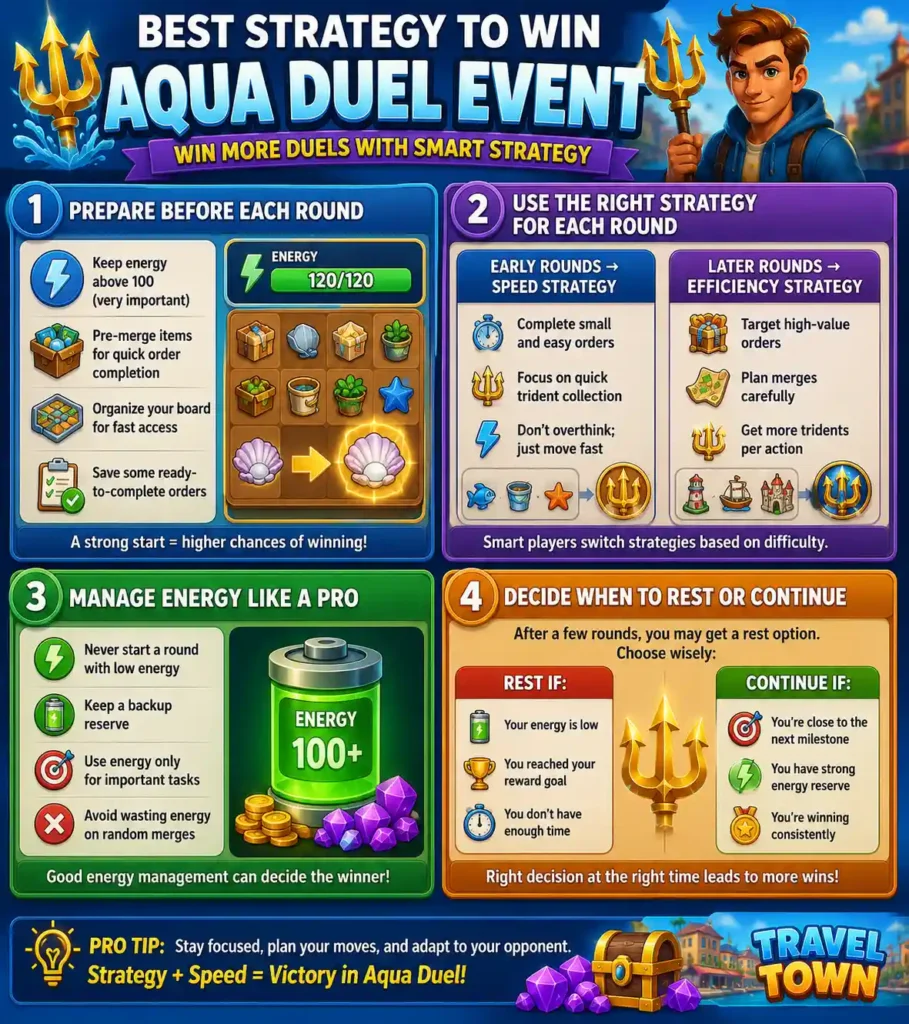 Aqua Duel Event Travel Town strategy guide showing tips for winning duels, including energy management, round strategies, and trident collection methods