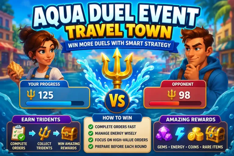 Aqua Duel Event Travel Town gameplay showing trident competition, player vs opponent duel, and strategy tips to win more rewards like energy and diamonds