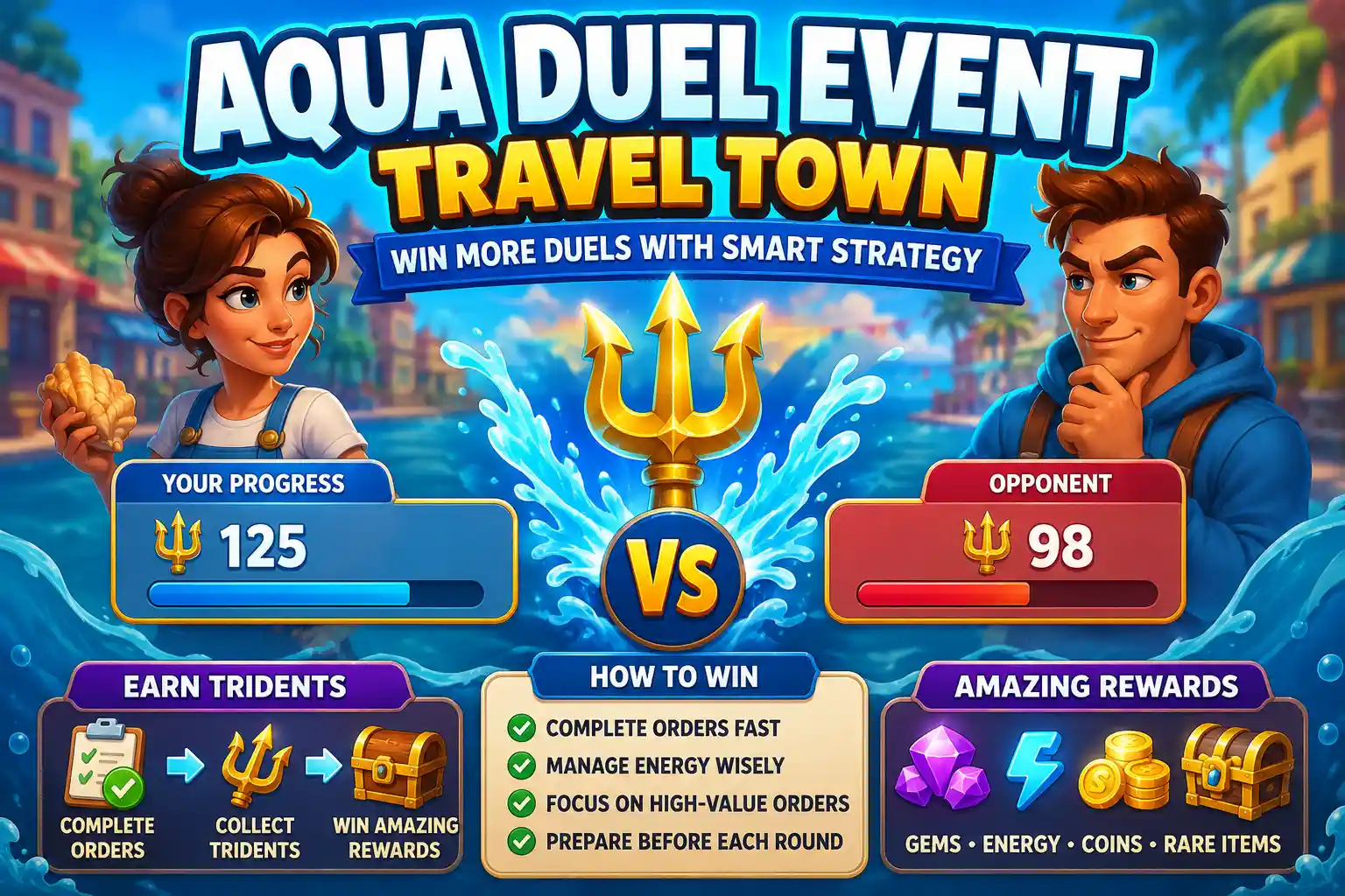 Aqua Duel Event Travel Town gameplay showing trident competition, player vs opponent duel, and strategy tips to win more rewards like energy and diamonds