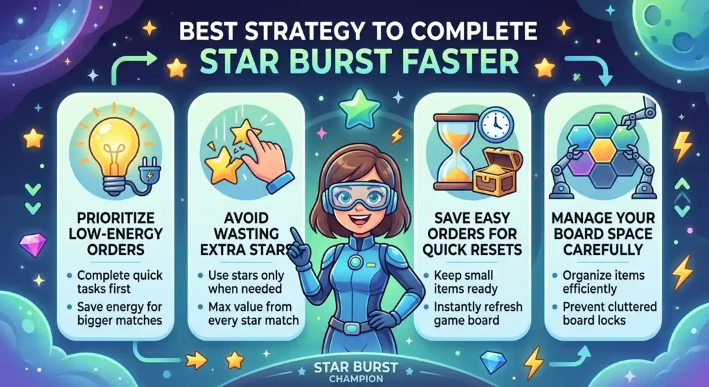 A colorful infographic showing four strategies to complete Star Burst faster: Prioritize Low-Energy Orders, Avoid Wasting Extra Stars, Save Easy Orders for Quick Resets, and Manage Your Board Space Carefully.